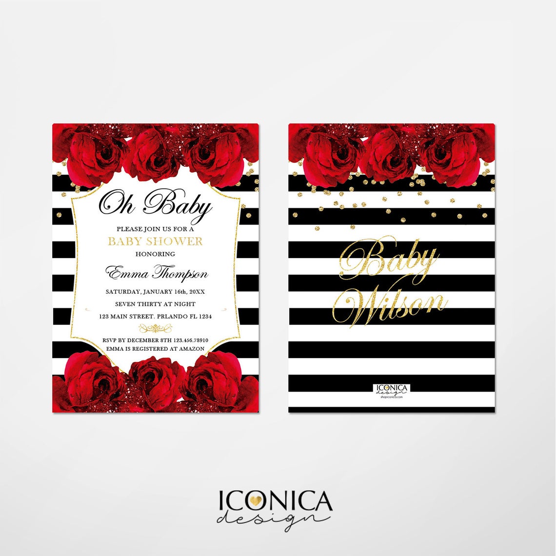 Baby Shower Invitation, Floral Red Roses Black and White invitations, Oh baby invitation, Printed Or Printable File IBS0027