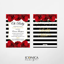 Load image into Gallery viewer, Baby Shower Invitation, Floral Red Roses Black and White invitations, Oh baby invitation, Printed Or Printable File IBS0027
