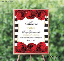 Load image into Gallery viewer, Baby Shower Invitation, Floral Red Roses Black and White invitations, Oh baby invitation, Printed Or Printable File IBS0027
