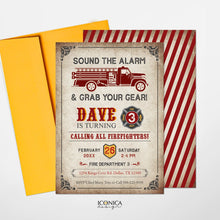 Load image into Gallery viewer, Firetruck Kids Birthday Invitations, any age, Vintage Firetruck Party Invitation, Firefighters Party Invites, Printed or Printable File
