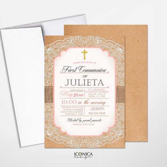 First Communion Invitation - Romantic Lace - Vintage Kraft Paper Burlap Blush Pink Ivory - Printed Printable File - Free Shipping - IFC0001
