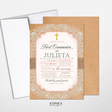 Load image into Gallery viewer, First Communion Invitation - Romantic Lace - Vintage Kraft Paper Burlap Blush Pink Ivory - Printed Printable File - Free Shipping - IFC0001
