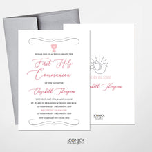 Load image into Gallery viewer, First Communion Invitations, Pink And Silver Invitation, Religious Events, Dove Invitation, Printed Or Printable File IFC0011
