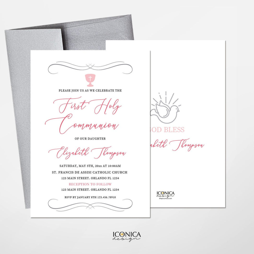 First Communion Invitations, Pink And Silver Invitation, Religious Events, Dove Invitation, Printed Or Printable File IFC0011