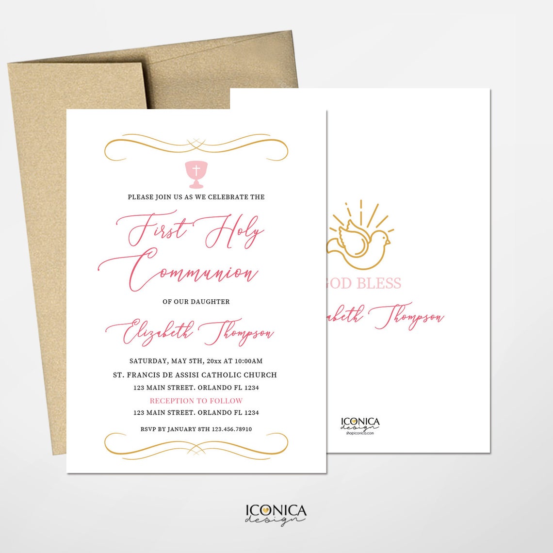 First Communion Invitations, Pink And Silver Invitation, Religious Events, Dove Invitation, Printed Or Printable File IFC0011