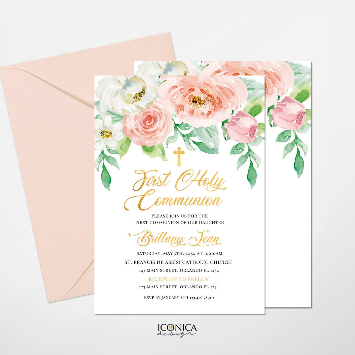 First Communion Invitations, Pink Peach Floral Invitation, Watercolor Religious Events, Printed Or Printable File IFC0015