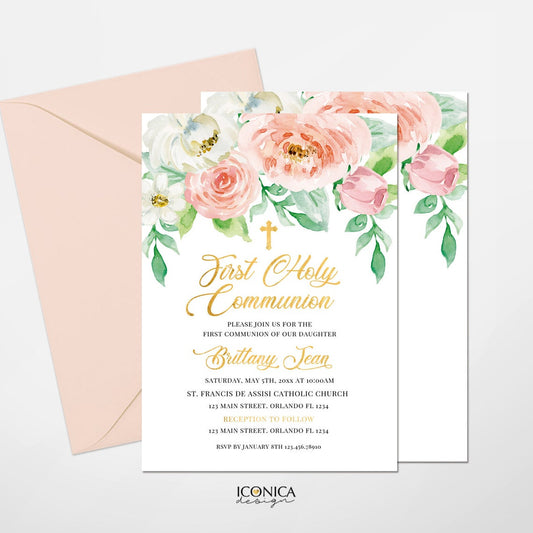 First Communion Invitations, Pink Peach Floral Invitation, Watercolor Religious Events, Printed Or Printable File IFC0015