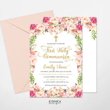 Load image into Gallery viewer, First Communion Invitations, Blush Pink Floral Invitation, Watercolor Religious Events, Printed Or Printable File IFC0016
