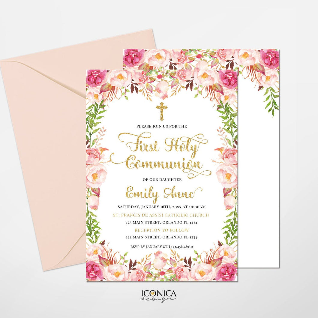 First Communion Invitations, Blush Pink Floral Invitation, Watercolor Religious Events, Printed Or Printable File IFC0016