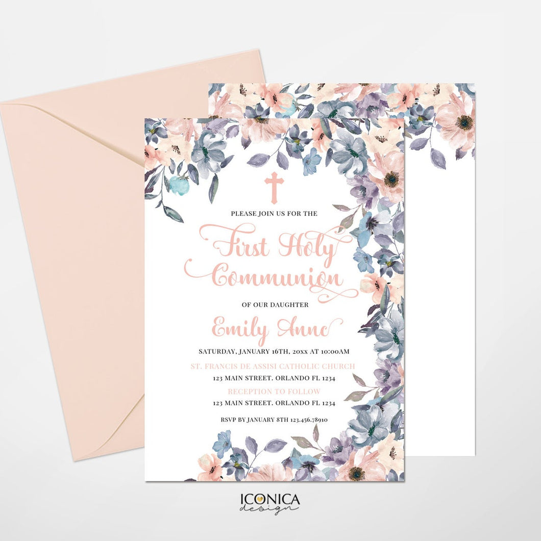 First Communion Invitations, Blush Pink and Dusty Blue Floral Invitation, Watercolor Religious Events, Printed Or Printable File IFC0017