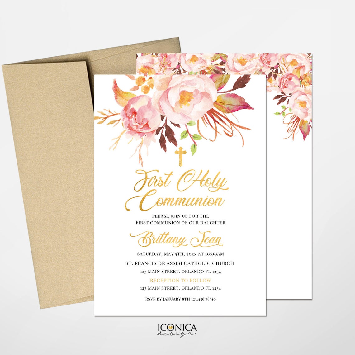 First Communion Invitations, Blush Pink Floral Invitation, Watercolor Religious Events, Printed Or Printable File IFC0018