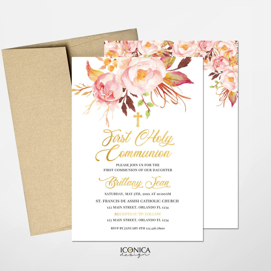 First Communion Invitations, Blush Pink Floral Invitation, Watercolor Religious Events, Printed Or Printable File IFC0018