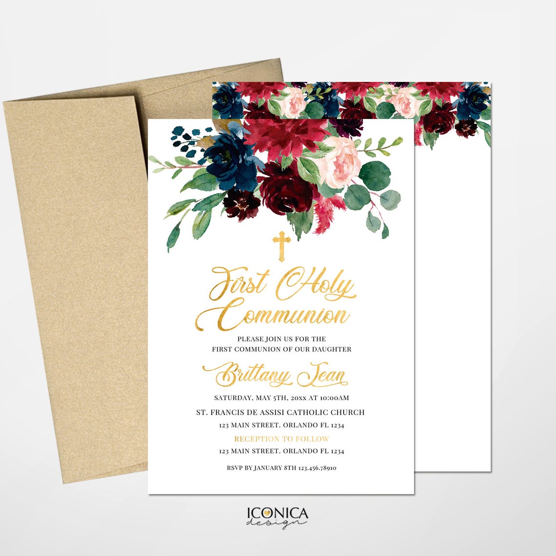 First Communion Invitations, Burgundy Pink and Navy Floral Invitation,Watercolor Religious Events Printed Or Printable File {AVA Collection}