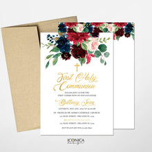 Load image into Gallery viewer, First Communion Invitations, Burgundy Pink and Navy Floral Invitation,Watercolor Religious Events Printed Or Printable File {AVA Collection}
