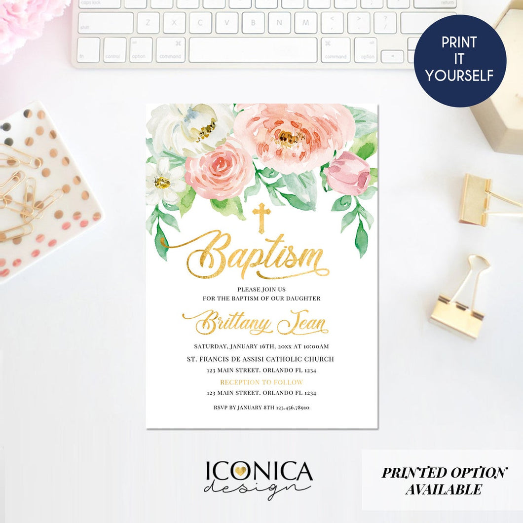 Baptism Invitations, Pink Peach Floral Invitation, Watercolor Religious Events, Printed Or Printable File IFC0015