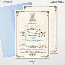 Load image into Gallery viewer, Teddy Bear Baby Shower Invitations Vintage Bear invite for Baby Shower Brown and Blue Baby Shower - Printed or Printable File Free Shipping
