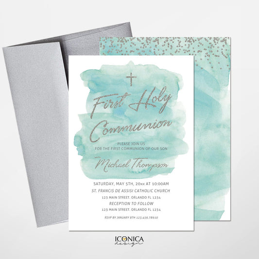 First Communion Invitation Mint Green And Silver Invitation, Faux Silver Glitter, Religious Events, Printed Or Printable File