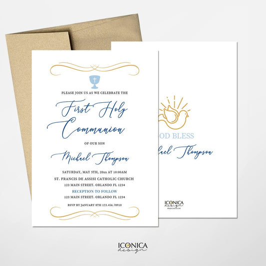 First Communion Invitations, Boys Communion Invitations, Religious Events, Dove Invitation, Printed Or Printable File IFC0014