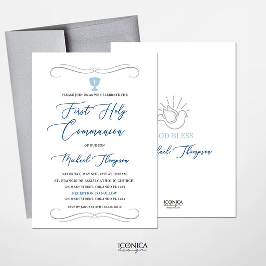 First Communion Invitations, Boys Communion Invitations, Religious Events, Dove Invitation, Printed Or Printable File IFC0013