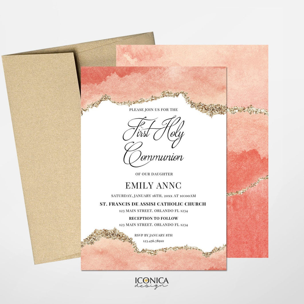 First Communion Invitations, Coral Watercolor Texture Veins of Gold, Geode Invitation,Any Religious Event,Printed Or Printable File IFC0020