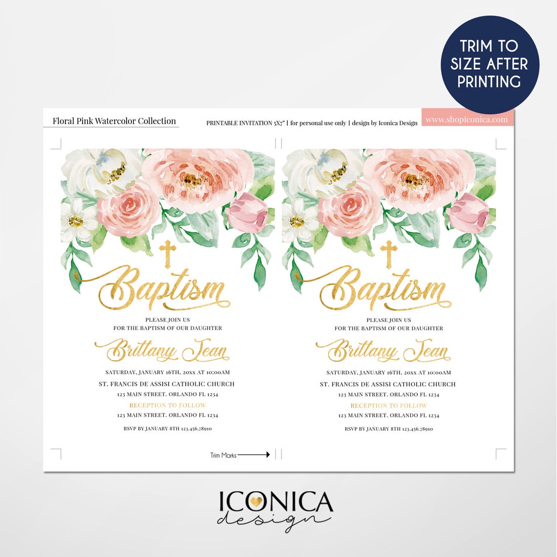 Baptism Invitations, Pink Peach Floral Invitation, Watercolor Religious Events, Printed Or Printable File IFC0015