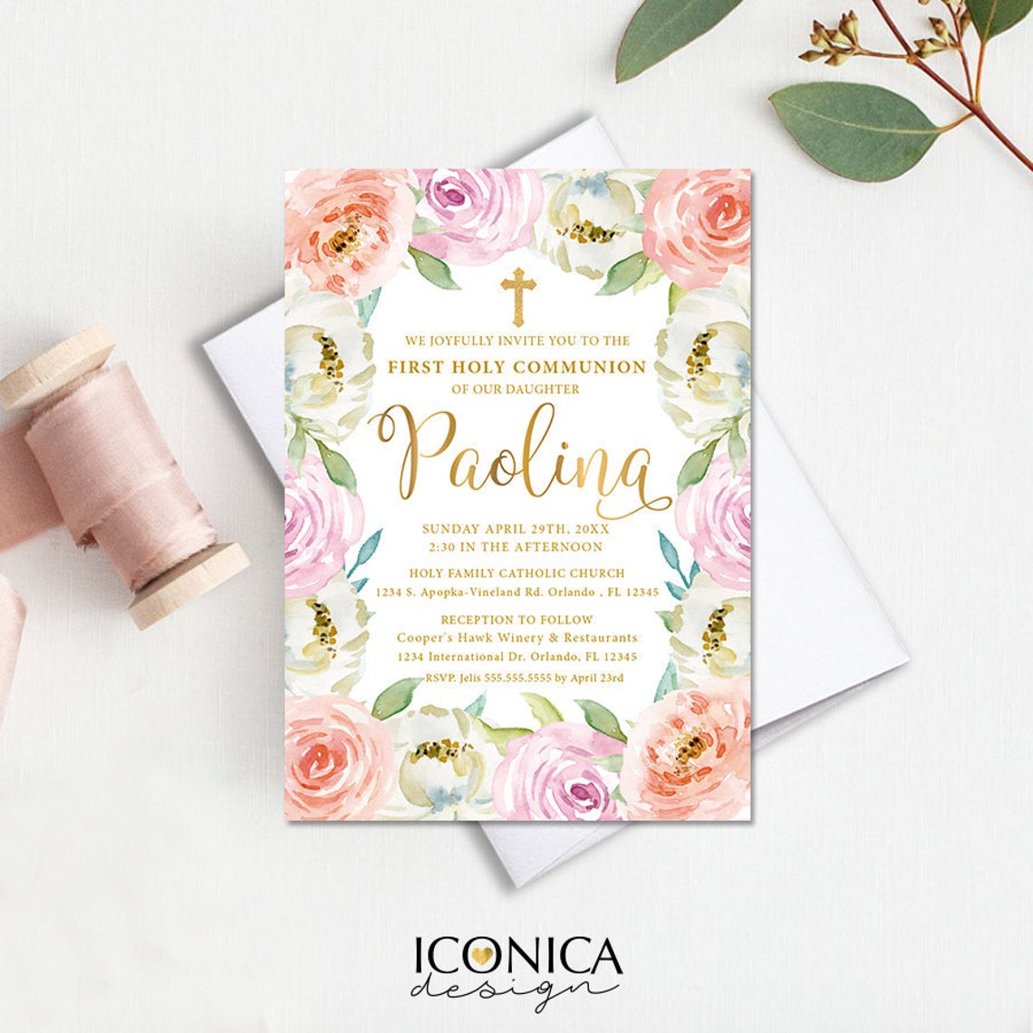 First Communion Invitation, Communion Invitation Pink Peach Lilac Floral Design, Pink Marble and Faux Gold Backer, Religious Invites,IFC0021
