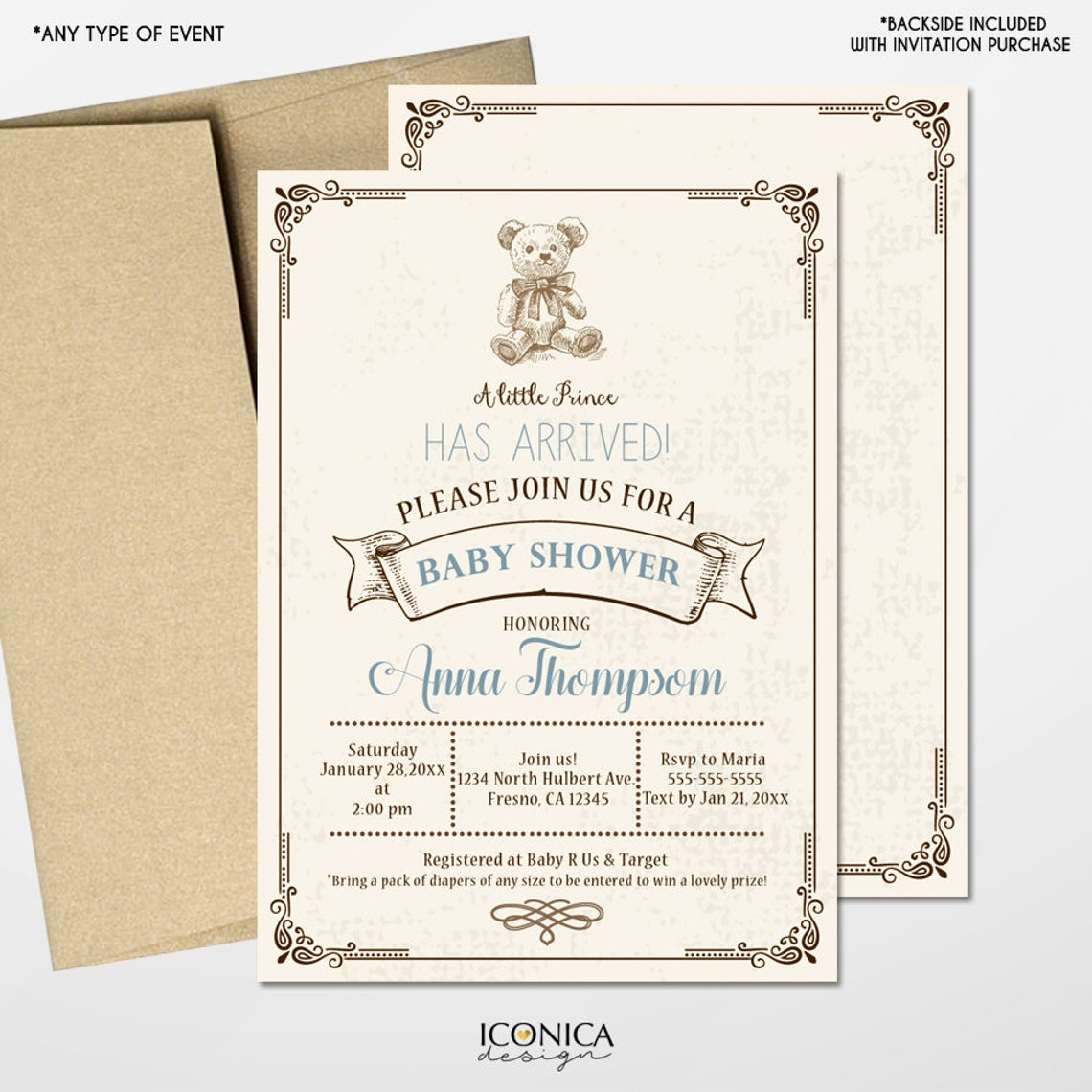 Teddy Bear Baby Shower Invitations Vintage Bear invite for Baby Shower Brown and Blue Baby Shower - Printed or Printable File Free Shipping