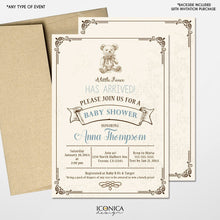 Load image into Gallery viewer, Teddy Bear Baby Shower Invitations Vintage Bear invite for Baby Shower Brown and Blue Baby Shower - Printed or Printable File Free Shipping
