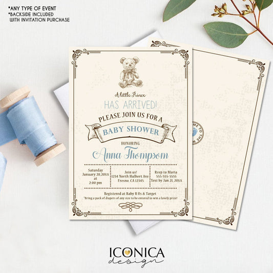 Teddy Bear Baby Shower Invitations Vintage Bear invite for Baby Shower Brown and Blue Baby Shower - Printed or Printable File Free Shipping