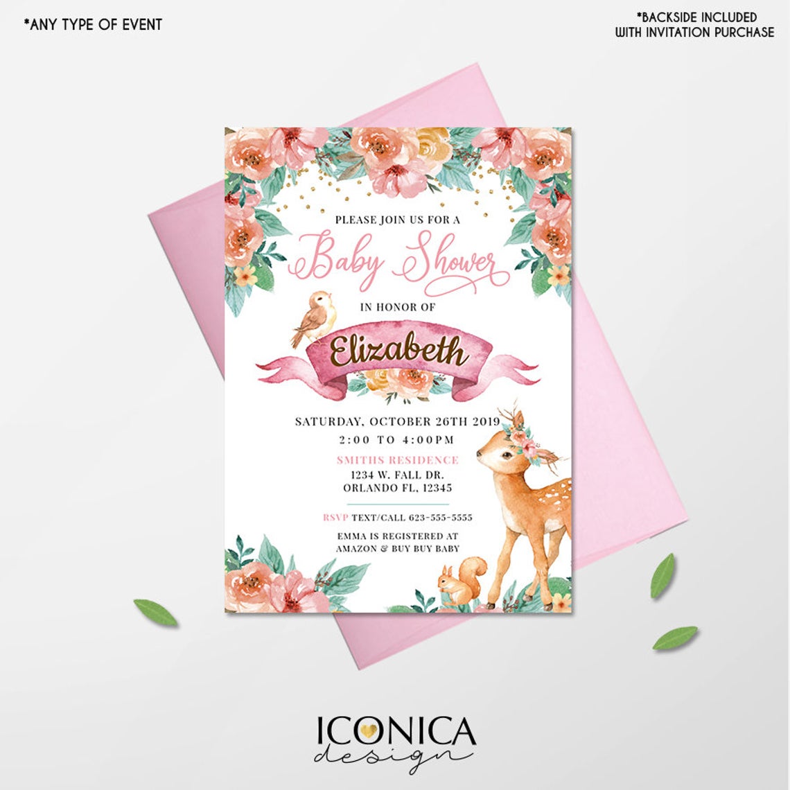 Deer Baby Shower Invitation,Little Deer Baby Shower,Oh Deer Woodland Baby Shower,Boho Baby Girl Invitation,Forest Animals Baby Shower