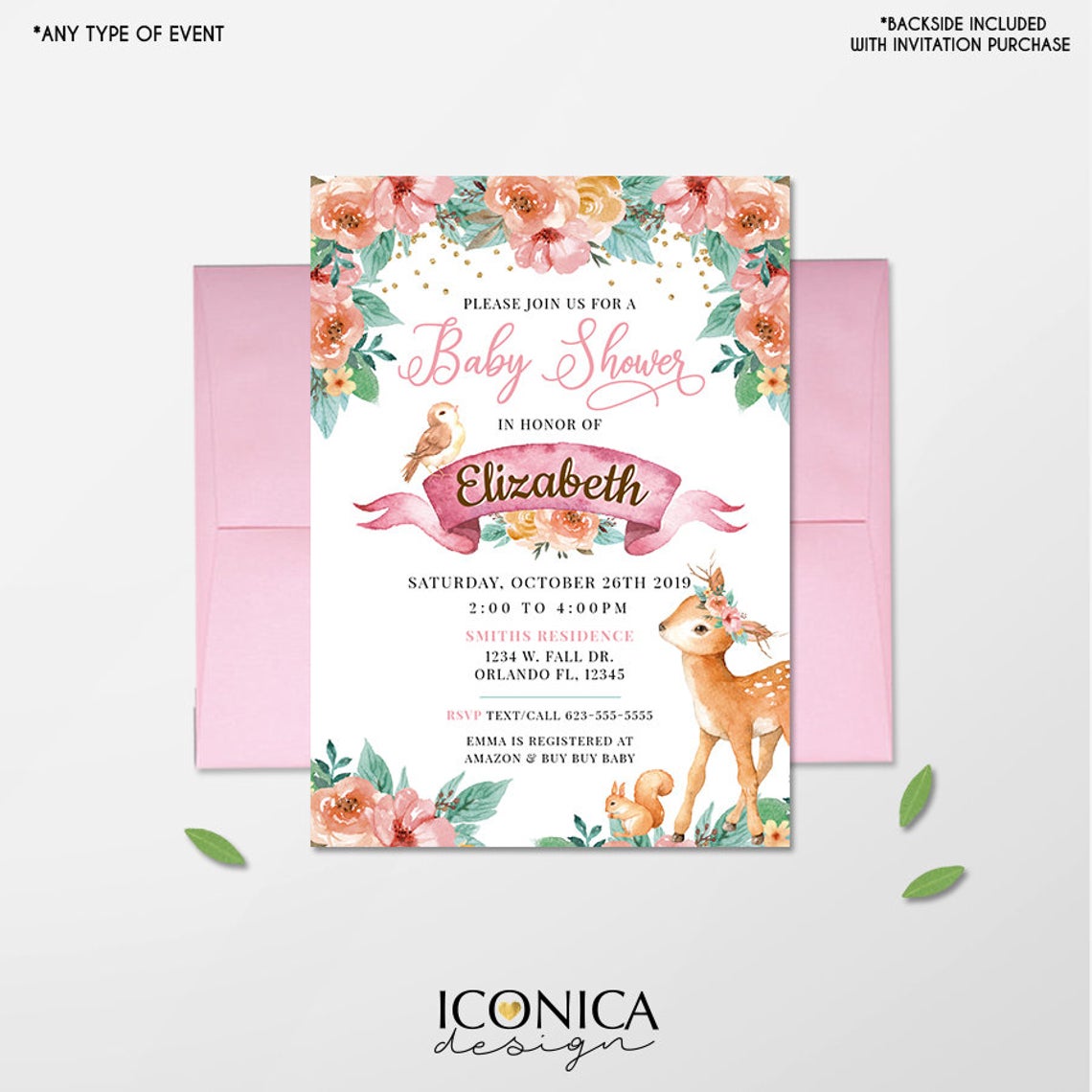 Deer Baby Shower Invitation,Little Deer Baby Shower,Oh Deer Woodland Baby Shower,Boho Baby Girl Invitation,Forest Animals Baby Shower