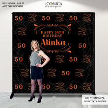 Load image into Gallery viewer, Halloween Party Photo Booth Backdrop, 50th Birthday Party Decor,Fabulous at Fifty,Orange and Black backdrop, any age or color BBD0116
