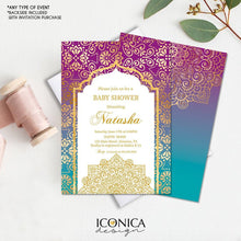 Load image into Gallery viewer, Moroccan Baby Shower Invitation,Gold Purple and Teal, Indian Party, Etnic Party, Arabian Invitations, Printed Or Printable File IBS0029
