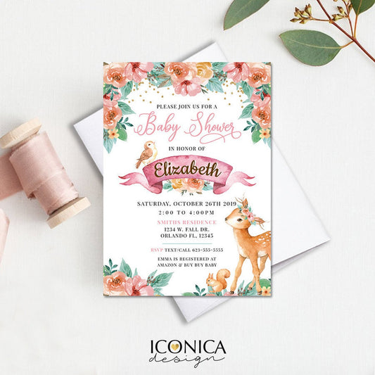 Deer Baby Shower Invitation,Little Deer Baby Shower,Oh Deer Woodland Baby Shower,Boho Baby Girl Invitation,Forest Animals Baby Shower