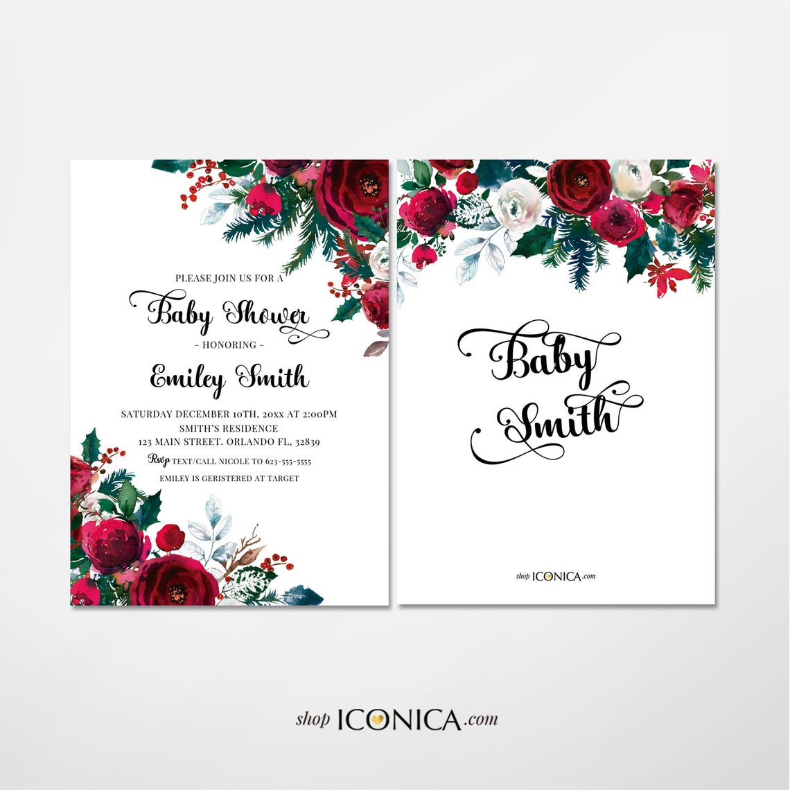 Winter Baby Shower Invitation,Christmas Cards,Winter Baby Shower cards,Floral Holiday Party Invitations,Red Festive Shower Invitation