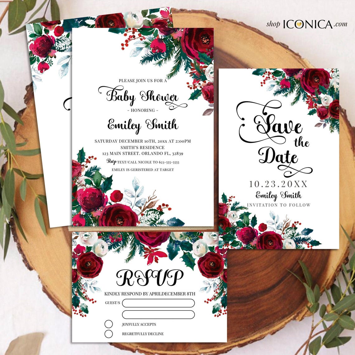 Winter Baby Shower Invitation,Christmas Cards,Winter Baby Shower cards,Floral Holiday Party Invitations,Red Festive Shower Invitation