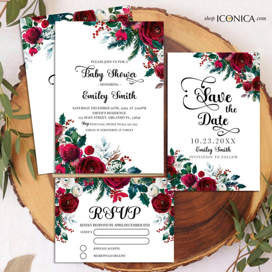 Winter Baby Shower Invitation,Christmas Cards,Winter Baby Shower cards,Floral Holiday Party Invitations,Red Festive Shower Invitation