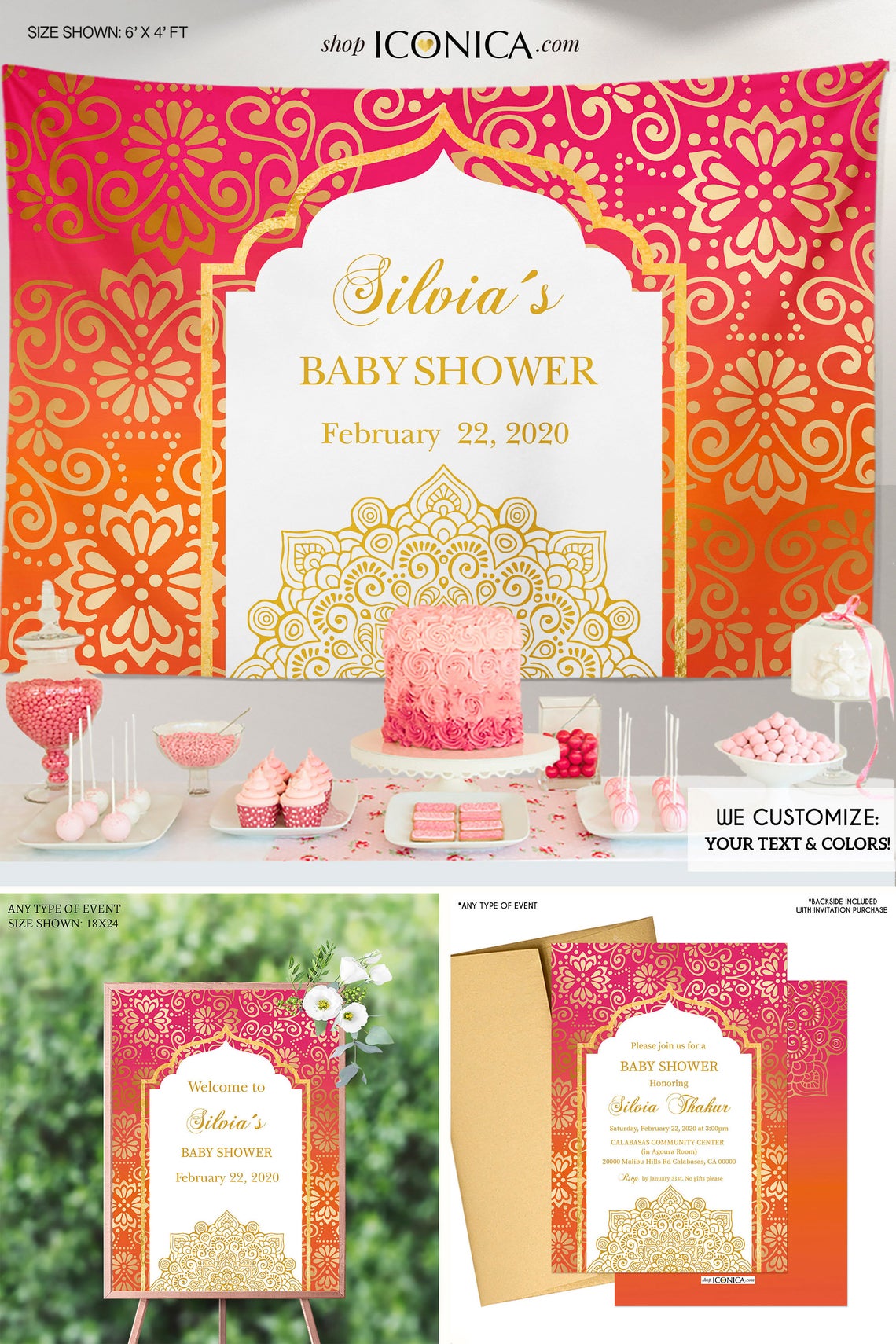 Moroccan Baby Shower Invitation,Gold Pink Orange, Indian Party, Etnic Party, Arabian Invitations, Bollywood invitation IBS0029