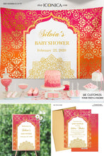 Load image into Gallery viewer, Moroccan Baby Shower Invitation,Gold Pink Orange, Indian Party, Etnic Party, Arabian Invitations, Bollywood invitation IBS0029

