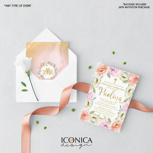 First Communion Invitation, Communion Invitation Pink Peach Lilac Floral Design, Pink Marble and Faux Gold Backer, Religious Invites,IFC0021
