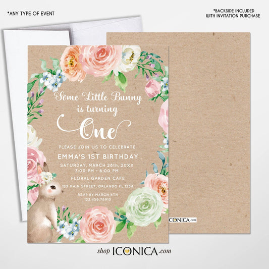 Bunny First Birthday Invitation,Easter Bunny 1st Birthday, Floral Pink and Kraft Invite, Spring Parties, Some Bunny is ONE card,Printed Or File IBD0055