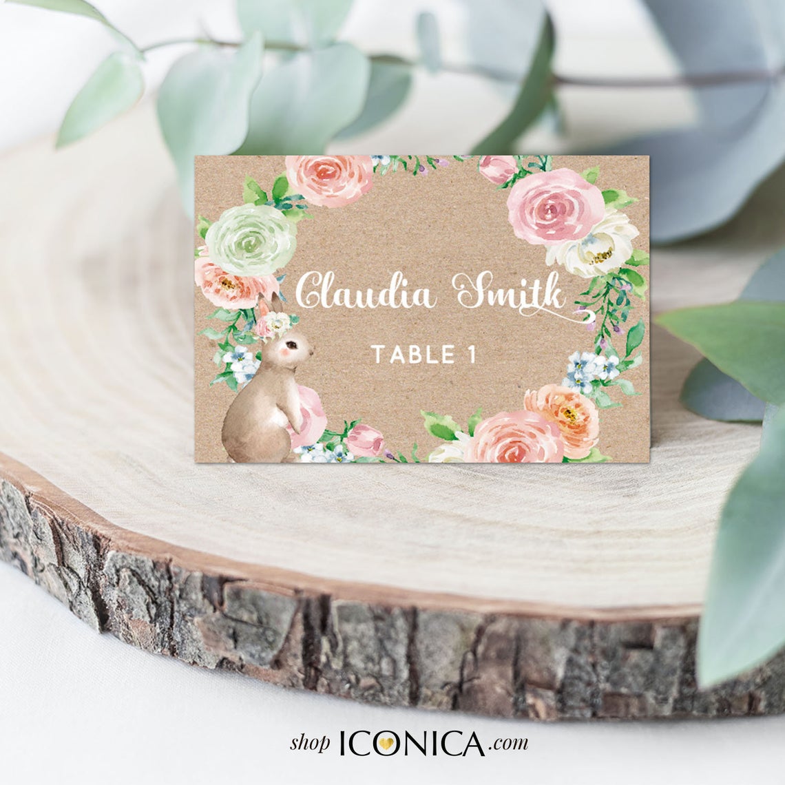 Bunny First Birthday Invitation,Easter Bunny 1st Birthday, Floral Pink and Kraft Invite, Spring Parties, Some Bunny is ONE card,Printed Or File IBD0055