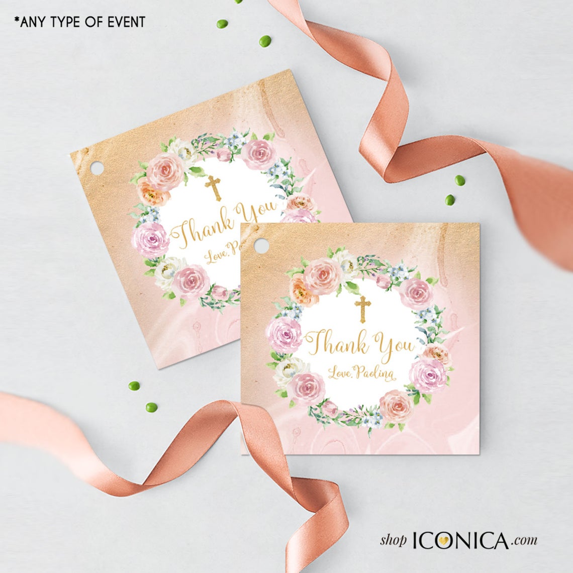 First Communion Invitation, Communion Invitation Pink Peach Lilac Floral Design, Pink Marble and Faux Gold Backer, Religious Invites,IFC0021