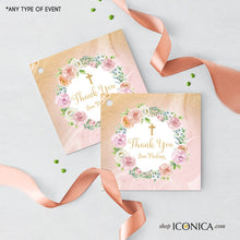Load image into Gallery viewer, First Communion Invitation, Communion Invitation Pink Peach Lilac Floral Design, Pink Marble and Faux Gold Backer, Religious Invites,IFC0021
