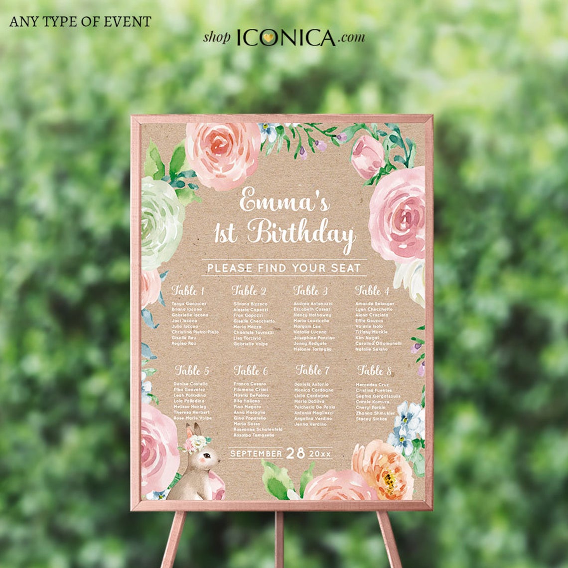 Bunny First Birthday Invitation,Easter Bunny 1st Birthday, Floral Pink and Kraft Invite, Spring Parties, Some Bunny is ONE card,Printed Or File IBD0055