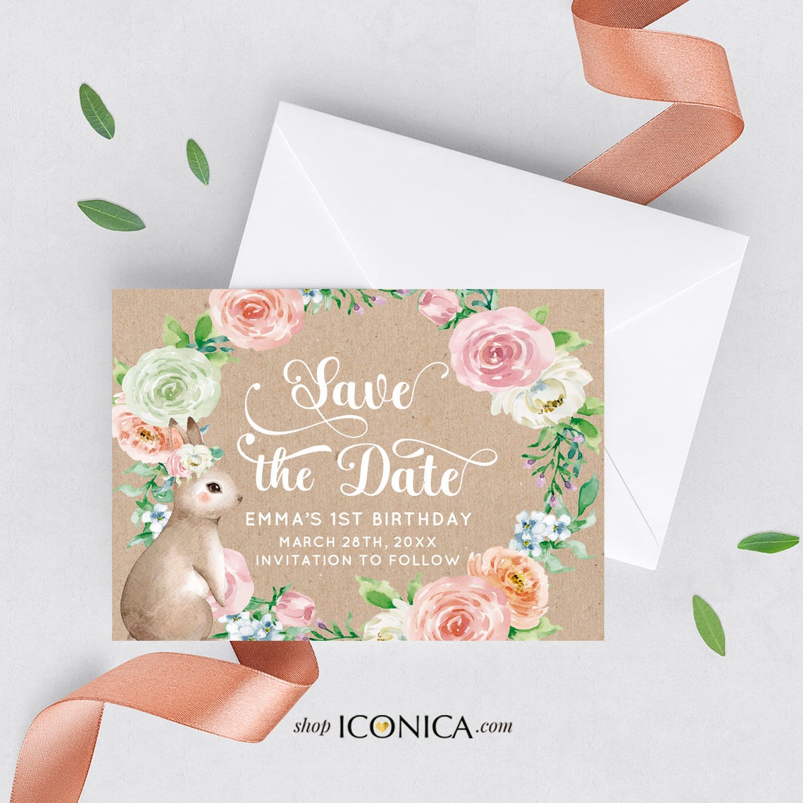 Bunny First Birthday Invitation,Easter Bunny 1st Birthday, Floral Pink and Kraft Invite, Spring Parties, Some Bunny is ONE card,Printed Or File IBD0055