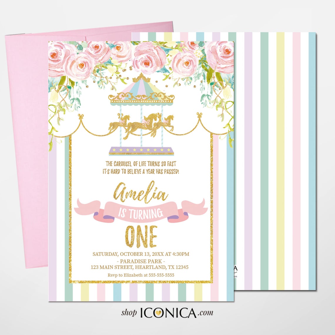 Carousel Birthday Invitation, Carousel Invite, Circus Girl Invitation, Any Age, Any Event, Pastel Colors, Printed Or Printable File Ibd0013