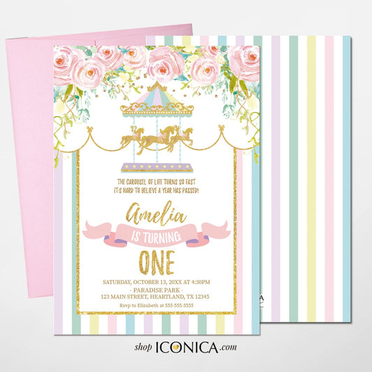 Carousel Birthday Invitation, Carousel Invite, Circus Girl Invitation, Any Age, Any Event, Pastel Colors, Printed Or Printable File Ibd0013