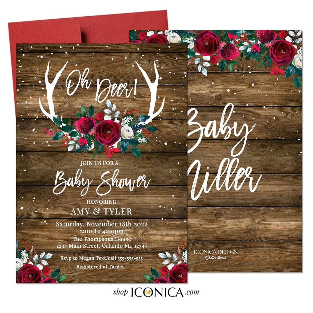 Oh deer Baby shower Invitation, Fall Party invitation any age, Fall Leaves Invite, Fall Dinner party Invite Roses Christmas Invitation