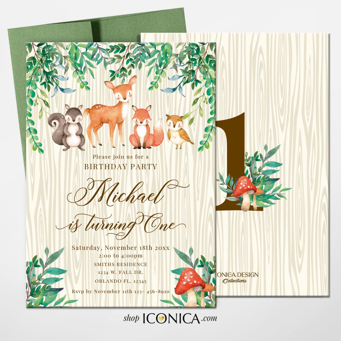 Woodland 1st Birthday Invitation, Forest Animals Birthday cards, First birthday invitation, Rustic Woodland invite, Deer Invitation